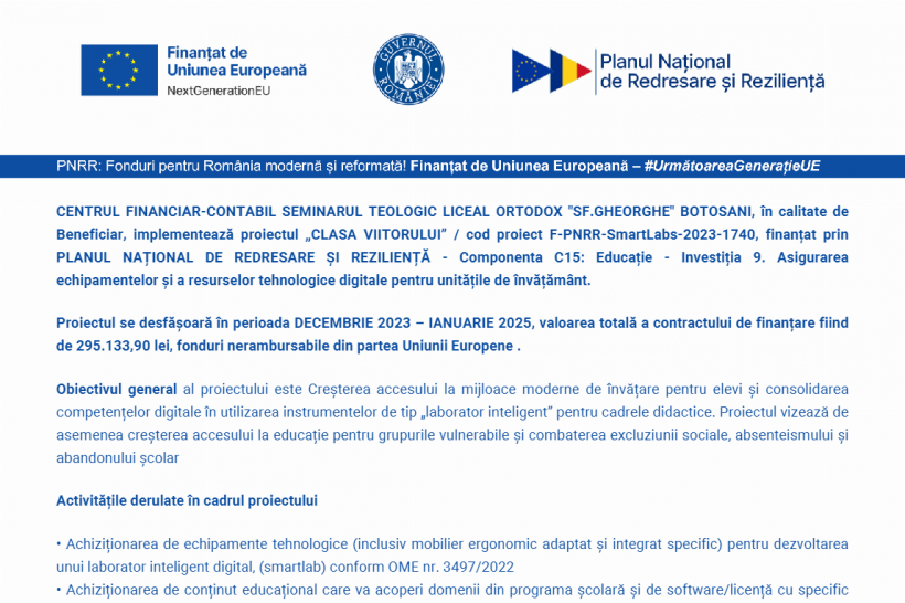Proiectul „CLASA VIITORULUI” / cod proiect F-PNRR-SmartLabs-2023-1740, finanțat prin PLANUL NAȚIONAL DE REDRESARE ȘI REZILIENȚĂ