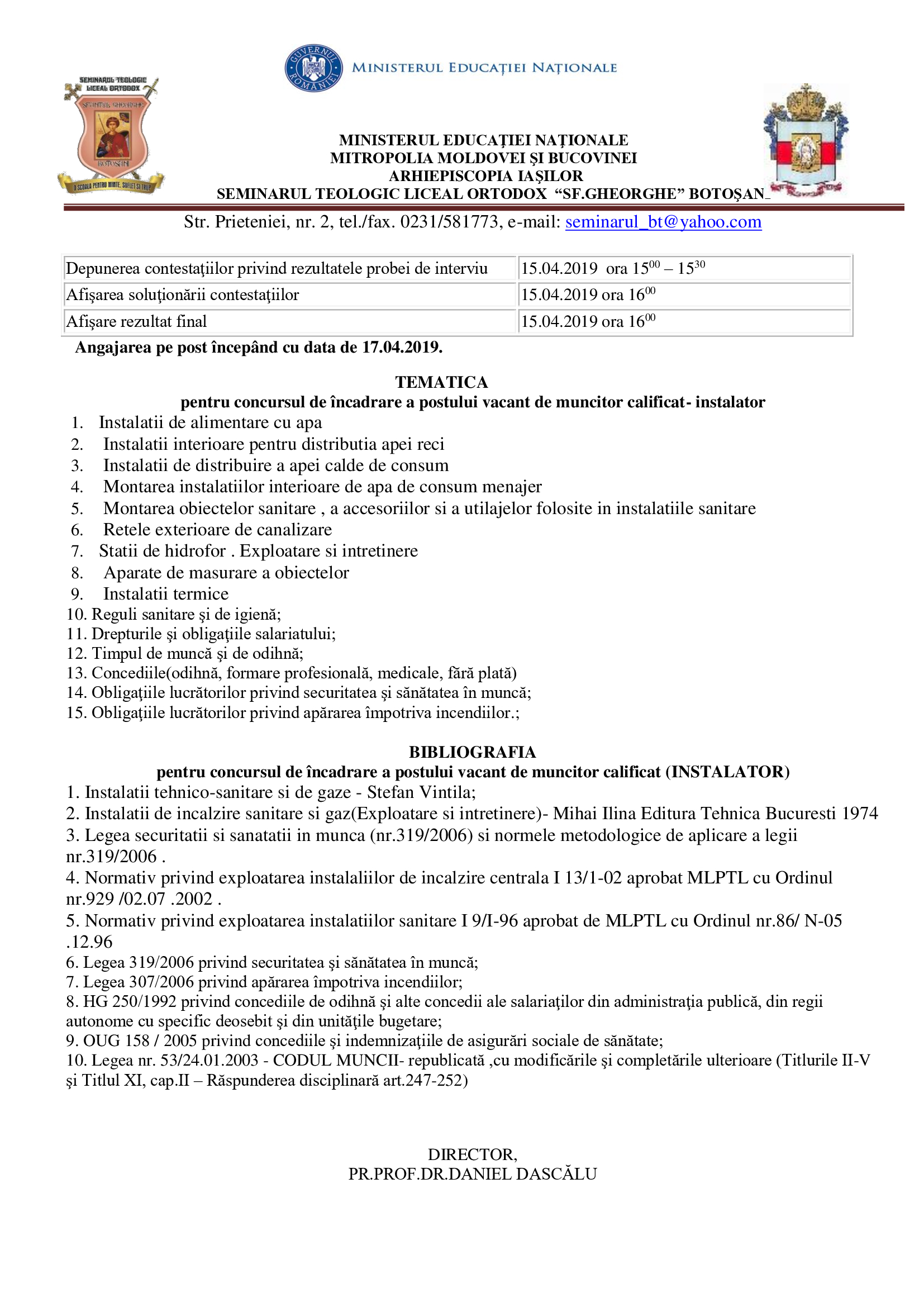 Anunț de angajare INSTALATOR